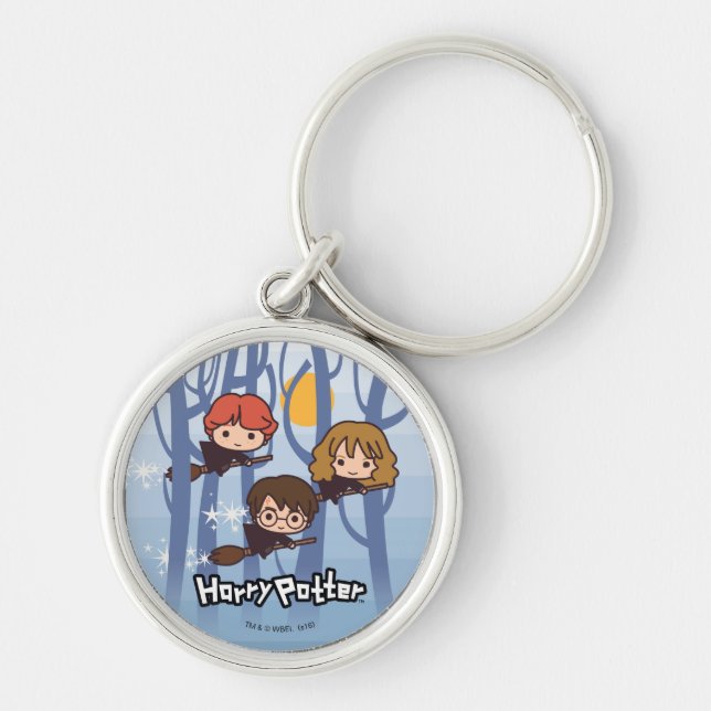 Cartoon Harry, Ron, & Hermione Flying In Woods Key Ring (Front)