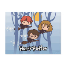 Cartoon Harry, Ron, & Hermione Flying In Woods