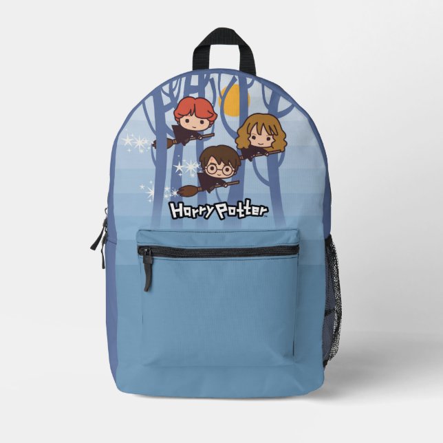 Cartoon Harry, Ron, & Hermione Flying In Woods Printed Backpack (Front)