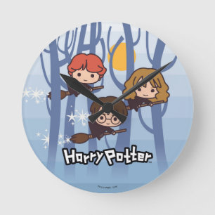 Cartoon Harry, Ron, & Hermione Flying In Woods Round Clock