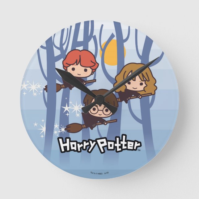 Cartoon Harry, Ron, & Hermione Flying In Woods Round Clock (Front)