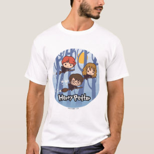 Cartoon Harry, Ron, & Hermione Flying In Woods T-Shirt