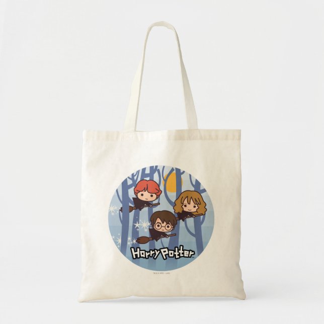Cartoon Harry, Ron, & Hermione Flying In Woods Tote Bag (Front)