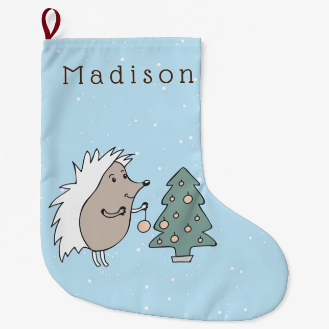 Cartoon Hedgehog and Tree Large Christmas Stocking (Front)