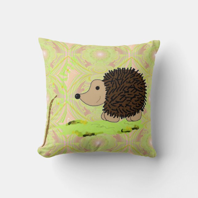 Cartoon Hedgehog on Pattern Cushion (Front)