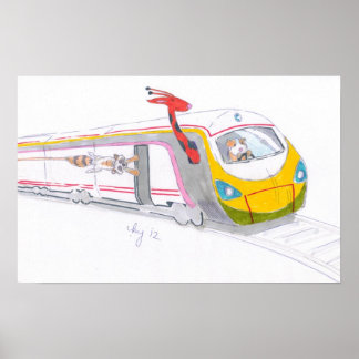 Cartoon high speed train guinea giraffe racoon poster