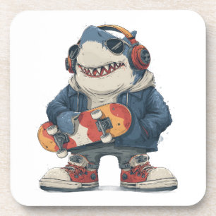 Cartoon Hip Hop Shark Character with Skateboard Coaster