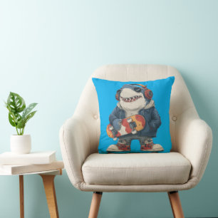 Cartoon Hip Hop Shark Character with Skateboard Cushion