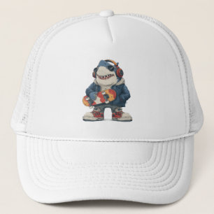 Cartoon Hip Hop Shark Character with Skateboard  Trucker Hat