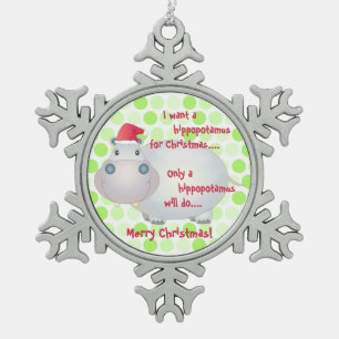 Cartoon Hippopotamus Christmas (Xmas) Snowflake Pewter Christmas Ornament