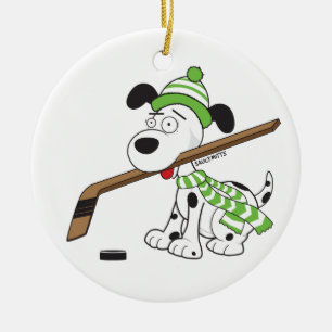 Cartoon Hockey Dog Green Scarf Christmas Decor Ceramic Ornament