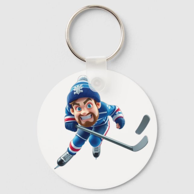 Cartoon Hockey Player Skating with Intense Express Key Ring (Front)