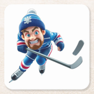 Cartoon Hockey Player Skating with Intense Express Square Paper Coaster