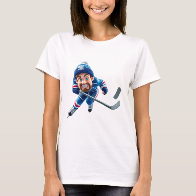 Cartoon Hockey Player Skating with Intense Express T-Shirt (Front)