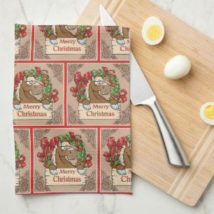 Cartoon Horse With Wreath  Merry Christmas Sign   Tea Towel