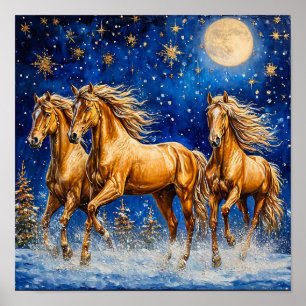 🌟 Cartoon Horses Under Starry Night Sky Magical Poster