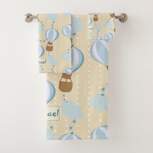 Cartoon Hot Air Balloons and Clouds Kids Pattern Bath Towel Set (Insitu)