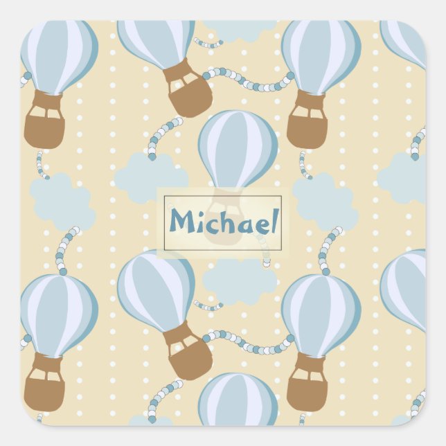 Cartoon Hot Air Balloons and Clouds Kids Pattern Square Sticker (Front)