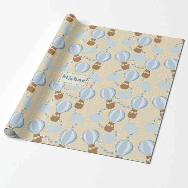 Cartoon Hot Air Balloons and Clouds Kids Pattern Wrapping Paper (Unrolled)