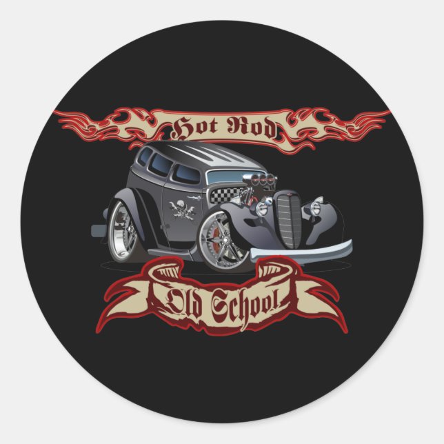 Cartoon hot rod classic round sticker (Front)