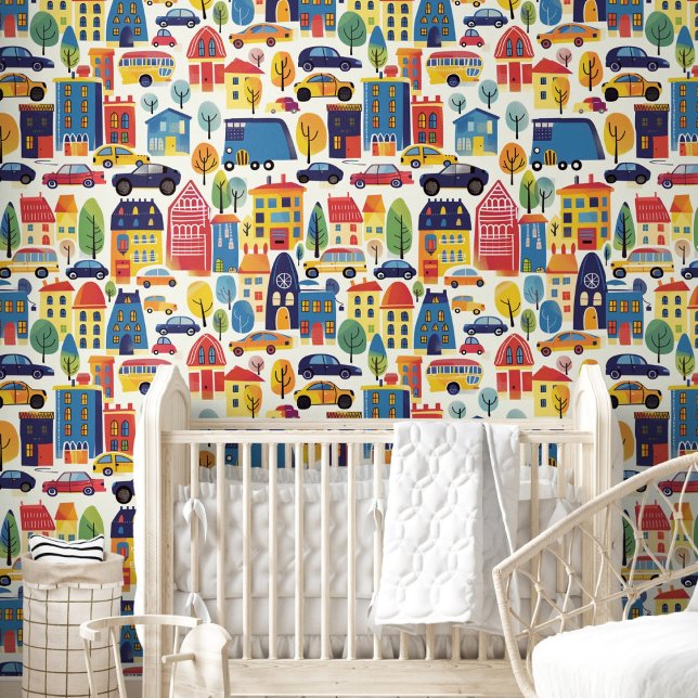Cartoon Houses Cars Trees Pattern for Kids Room Wallpaper (Cartoon Houses Cars Trees Pattern for Kids Room Wallpaper)