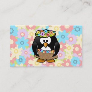 Cartoon Hula Penguin With Flowers Business Card