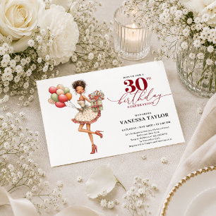 Cartoon Humour Woman 30th Birthday Burgundy Script Invitation