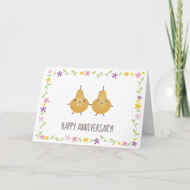 Cartoon Husband and Wife Floral Wreath Anniversary Card (Front)