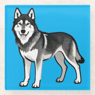 Cartoon Husky Dog Gift Black White Siberian Glass Coaster