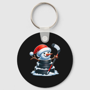 Cartoon Ice Hockey Puck Snowman With Santa Hat Chr Key Ring