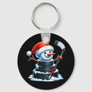 Cartoon Ice Hockey Puck Snowman With Santa Hat Chr Key Ring