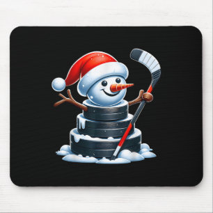 Cartoon Ice Hockey Puck Snowman With Santa Hat Chr Mouse Pad