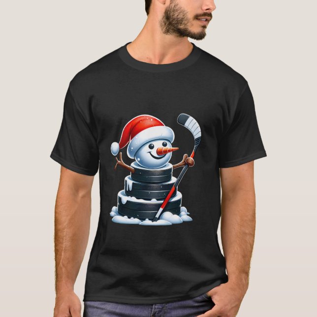 Cartoon Ice Hockey Puck Snowman with Santa Hat Chr T-Shirt (Front)