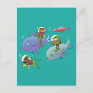 Cartoon illustration Gnomes and there fish friends Postcard