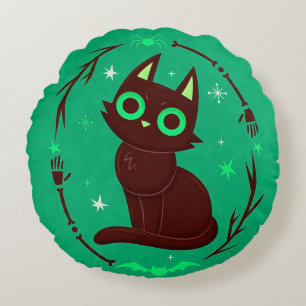 Cartoon Illustration of a Black Cat Halloween Round Cushion