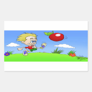 Cartoon illustration of a boy kicking a tomato. rectangular sticker