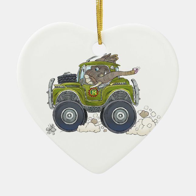 Cartoon illustration of a Elephant driving a jeep. Ceramic Ornament (Front)