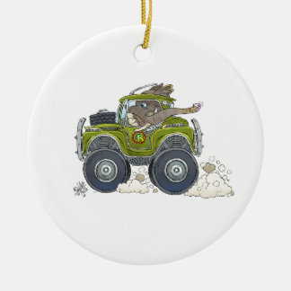 Cartoon illustration of a Elephant driving a jeep. Ceramic Tree Decoration