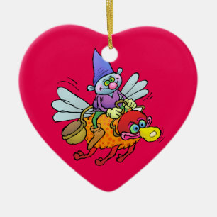 Cartoon illustration of a gnome riding an bee. ceramic ornament