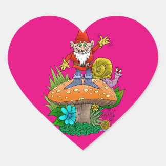 Cartoon illustration of a standing waving gnome. heart sticker