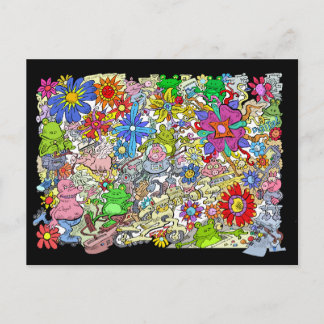 Cartoon illustration, of pigs, flowers and frogs. postcard