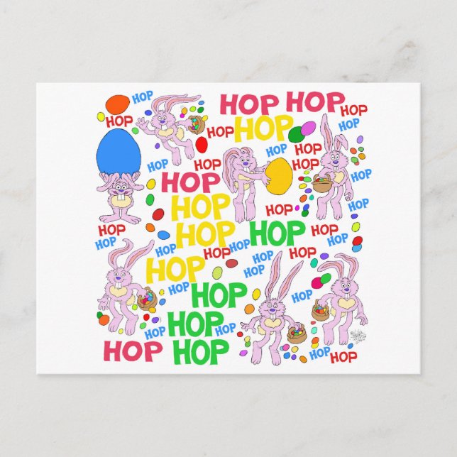 Cartoon illustration of pink bunnies on a postcard (Front)