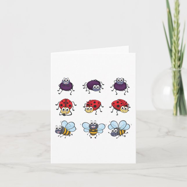 Cartoon Insects Funny Bees Ladybugs Spiders Card (Front)