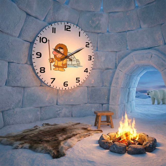 Cartoon Inuit Eskimo with Spear and Igloo Large Clock (Creator Uploaded)