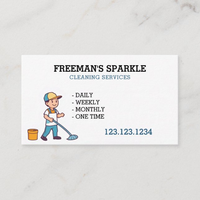 Cartoon Janitor Mopping Cleaning Service Business Card (Front)