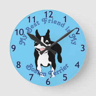Cartoon Jumping Boston Terrier Round Clock