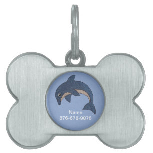 Cartoon Jumping Dolphin Dark Blue White Swirl Eye Pet ID Tag