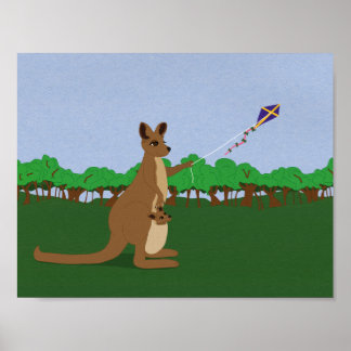 Cartoon Kangaroos Flying a Kite Poster