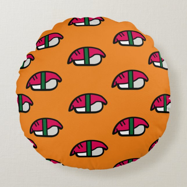 Cartoon Kawaii Sushi, Fish Rice & Seaweed Round Cushion (Front)