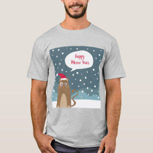 Cartoon kitten wears santa hat in snowflakes T-Shirt